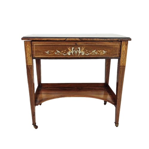 214 - WRITING TABLE, Edwardian rosewood and marquetry with hinged top and front enclosing a sloped leather... 