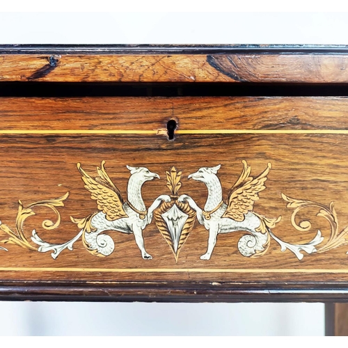 214 - WRITING TABLE, Edwardian rosewood and marquetry with hinged top and front enclosing a sloped leather... 