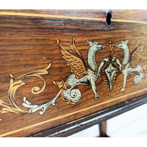 214 - WRITING TABLE, Edwardian rosewood and marquetry with hinged top and front enclosing a sloped leather... 