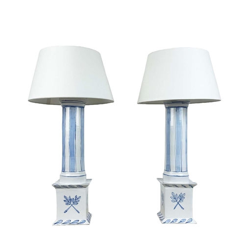 218 - TABLE LAMPS, a pair, in the Bloomsbury school manner, painted ceramic column form, signed Francis, w... 