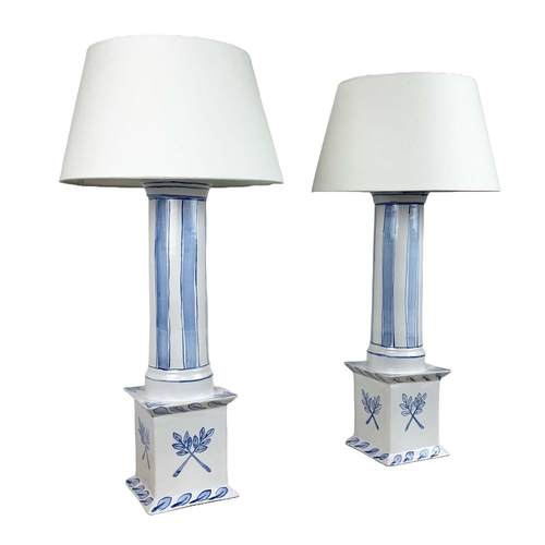 218 - TABLE LAMPS, a pair, in the Bloomsbury school manner, painted ceramic column form, signed Francis, w... 