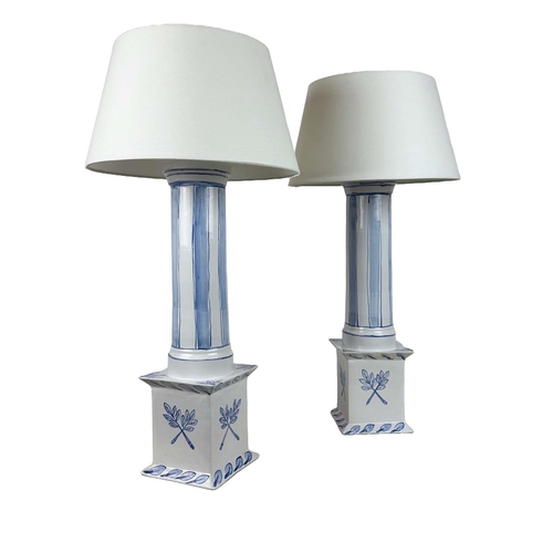 218 - TABLE LAMPS, a pair, in the Bloomsbury school manner, painted ceramic column form, signed Francis, w... 