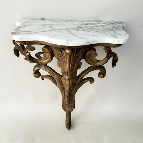 231 - CONSOLE TABLE, 19th century French Louis XV design giltwood and gesso moulded, with variegated white... 