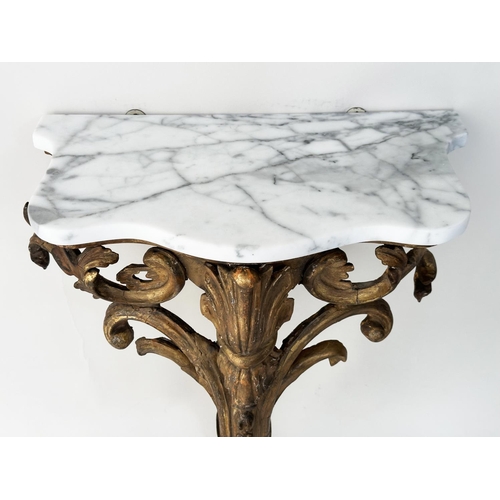 231 - CONSOLE TABLE, 19th century French Louis XV design giltwood and gesso moulded, with variegated white... 