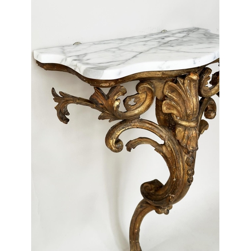 231 - CONSOLE TABLE, 19th century French Louis XV design giltwood and gesso moulded, with variegated white... 