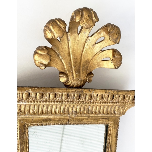 235 - WALL MIRROR, early 19th century Italian carved giltwood, trapezoid with crest, 88cm H x 33cm W.