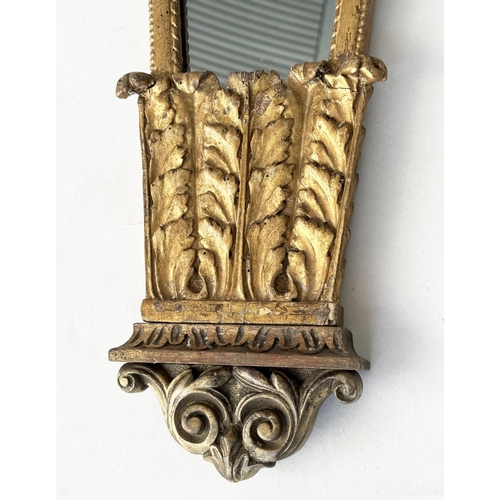 235 - WALL MIRROR, early 19th century Italian carved giltwood, trapezoid with crest, 88cm H x 33cm W.