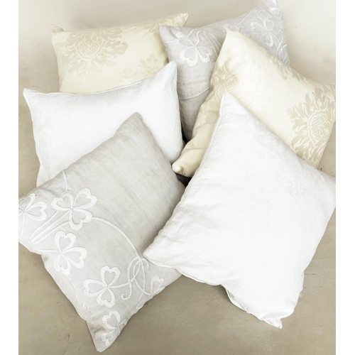 242 - CUSHIONS, a collection of six, including embroidered linen, damask linen and silk, 45cm x 45cm. (6)