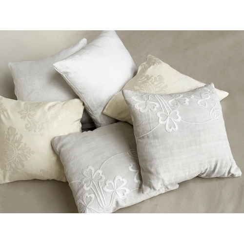 242 - CUSHIONS, a collection of six, including embroidered linen, damask linen and silk, 45cm x 45cm. (6)