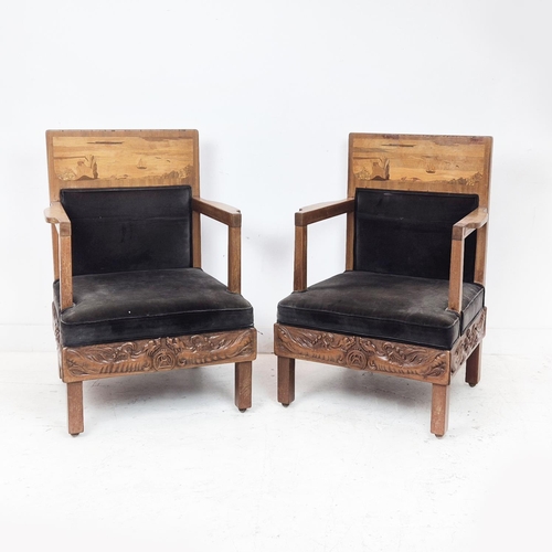 275 - ARMCHAIRS, a pair, circa 1900, marquetry, in the manner of Emile Galle with grey velvet upholstery a... 