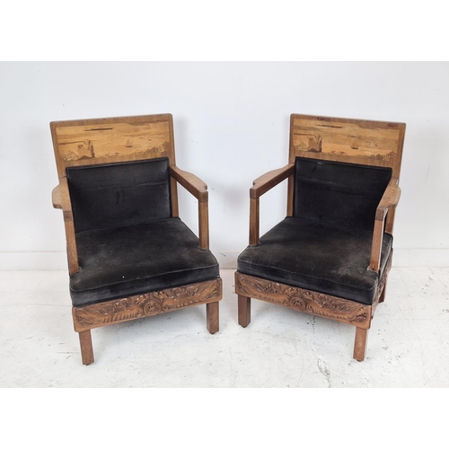 275 - ARMCHAIRS, a pair, circa 1900, marquetry, in the manner of Emile Galle with grey velvet upholstery a... 