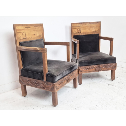 275 - ARMCHAIRS, a pair, circa 1900, marquetry, in the manner of Emile Galle with grey velvet upholstery a... 