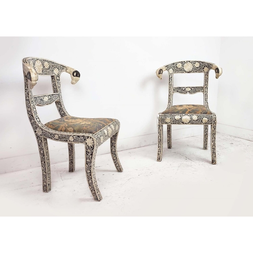 276 - SIDE CHAIRS, a pair, Indian bone inlaid with tapestry style seats, 88cm H x 50cm W. (2)