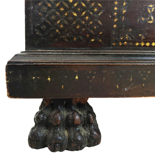 277 - HALL BENCH, mid 19th century Italian walnut, ebonised, bone inlaid and pewter mounted with hinged se... 