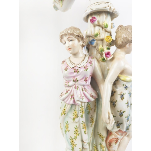 28 - CANDELABRAS, a pair, 19th century, Rococo style German porcelains with modelled ladies and under gla... 