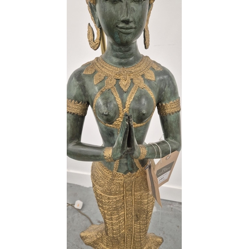 291 - A THAI FIGURAL FLOOR LAMP, verdigris and gilt metal with shade, 165cm H.