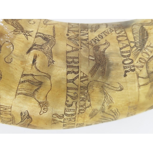 30 - SCRIMSHAW HORN POWDER FLASK, decorated with exotic fauna, inscribed 'Abryl 25 Del 84, Lopynto Pascas... 