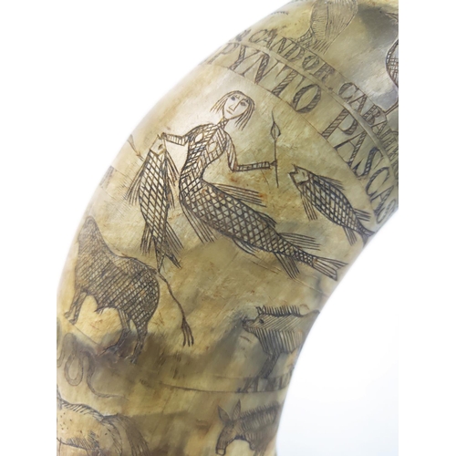 30 - SCRIMSHAW HORN POWDER FLASK, decorated with exotic fauna, inscribed 'Abryl 25 Del 84, Lopynto Pascas... 