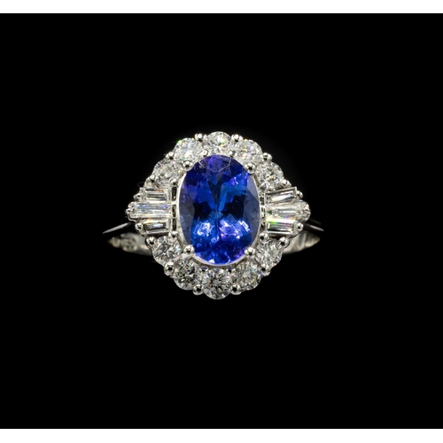 30A - CERTIFICATED 18CT WHITE GOLD OVAL-CUT TANZANITE AND RBC AND TAPERED BAGUETTE DIAMOND HALO RING, Tanz... 