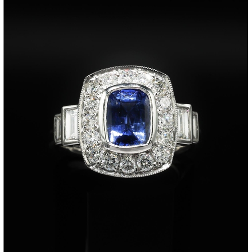 30E - PLATINUM ART DECO STYLE RING SET, with a cushion-cut sapphire surrounded by round brilliant cut diam... 