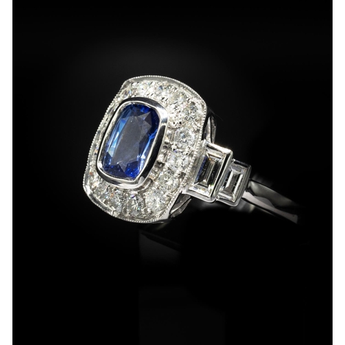 30E - PLATINUM ART DECO STYLE RING SET, with a cushion-cut sapphire surrounded by round brilliant cut diam... 