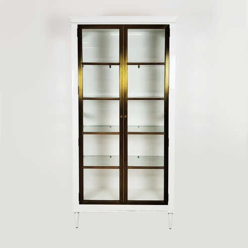 330 - JULIAN CHICHESTER CUSTOM DISPLAY CABINET, white lacquer with brass detailing and glass shelves, 105c... 