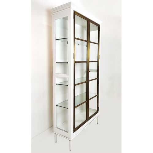 330 - JULIAN CHICHESTER CUSTOM DISPLAY CABINET, white lacquer with brass detailing and glass shelves, 105c... 