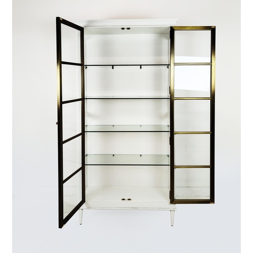 330 - JULIAN CHICHESTER CUSTOM DISPLAY CABINET, white lacquer with brass detailing and glass shelves, 105c... 