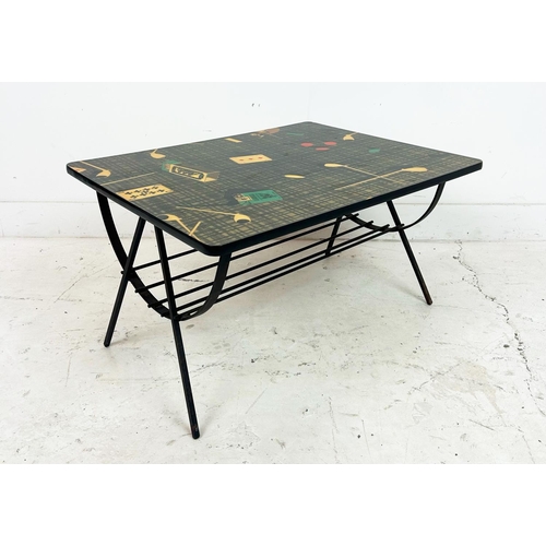 342 - FORNASETTI STYLE COFFEE TABLE, Italian c1950s, trompe l'oeil design formica top on wrought iron base... 