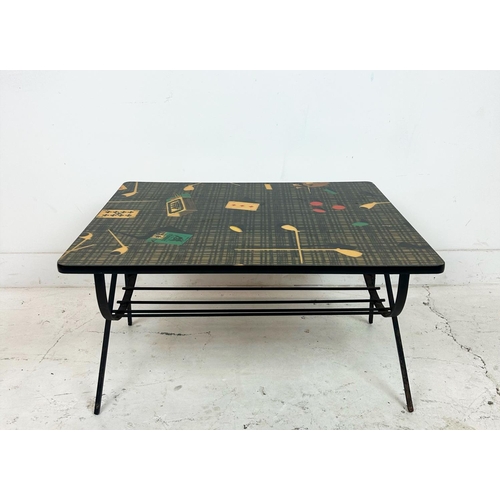 342 - FORNASETTI STYLE COFFEE TABLE, Italian c1950s, trompe l'oeil design formica top on wrought iron base... 