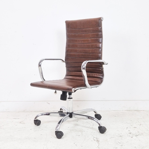 355 - AFTER CHARLES AND RAY EAMES STYLE ALUMINIUM GROUP CHAIR, brown leather and adjustable, 57cm W.