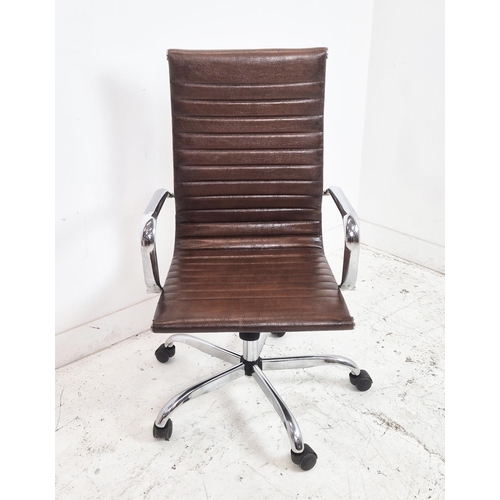 355 - AFTER CHARLES AND RAY EAMES STYLE ALUMINIUM GROUP CHAIR, brown leather and adjustable, 57cm W.