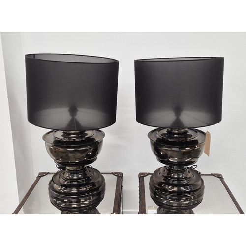 356 - EICHHOLTZ PAGODA TABLE LAMPS, a pair, black nickel finish, with shades, 82cm H. (2)