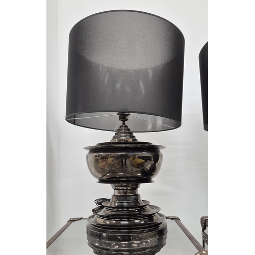 356 - EICHHOLTZ PAGODA TABLE LAMPS, a pair, black nickel finish, with shades, 82cm H. (2)