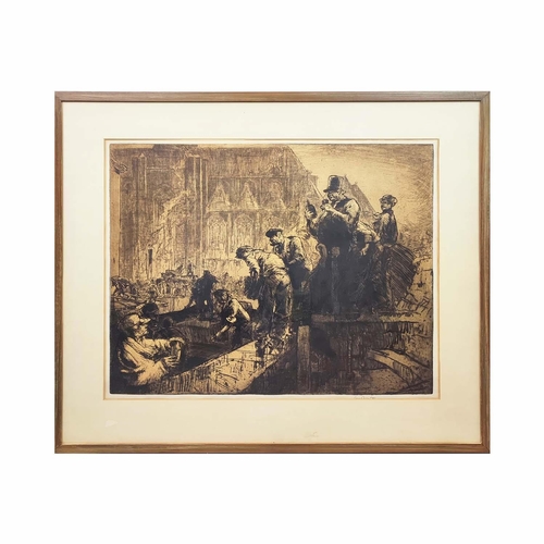 38 - SIR FRANK WILLIAM BRANGWYN RA RWS RBA (1867-1956), UNLOADING BRICKS, GHENT, etching, signed in penci... 