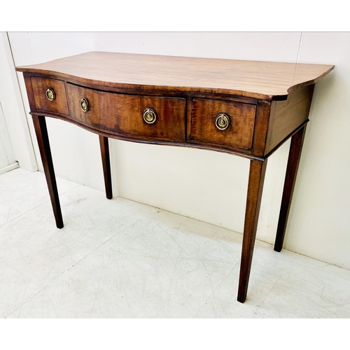 381 - SERVING TABLE, Georgian mahogany serpentine front with three drawers, 79cm H x 116cm W x 51cm D.