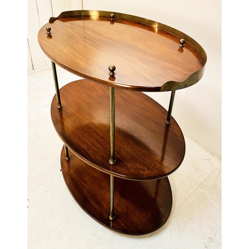 382 - ETAGERE, campaign style mahogany and brass, three tiered, 85cm H x 77cm W x 51cm D.