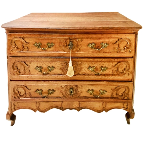 384 - COMMODE, Louis XV, mid 18th century oak, with three long drawers, with key, 97cm H x 133cm W x 58cm ... 