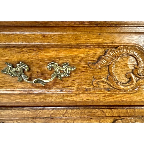 384 - COMMODE, Louis XV, mid 18th century oak, with three long drawers, with key, 97cm H x 133cm W x 58cm ... 