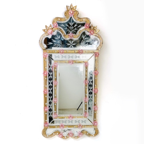 391 - VENETIAN STYLE WALL MIRROR, with etched plate, 120cm H x 54cm W.