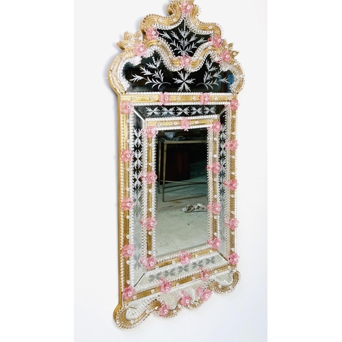 391 - VENETIAN STYLE WALL MIRROR, with etched plate, 120cm H x 54cm W.