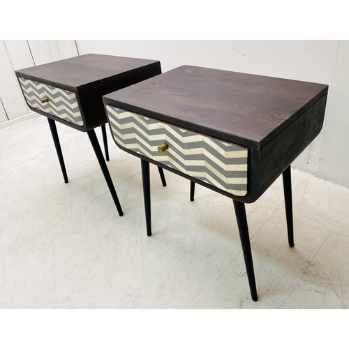 392 - SIDE TABLES, a pair, 1960s Danish style, chevron design fronted drawer on black legs, 51cm H x 45cm ... 