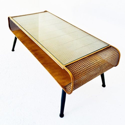 403 - LOW TABLE, 1960s style, Danish faux rattan design, metal and glass, 44cm H x 120cm W x 50cm D.