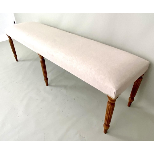 409 - WINDOW SEAT BENCH, neutral linen upholstery on reeded wooden supports, 48cm H x 153cm W x 41cm D.