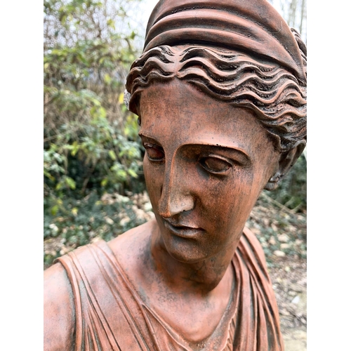 410 - CLASSICAL BUST OF ATHENA, ON STAND,  terracotta, 98cm H x 30cm W x 20cm D.