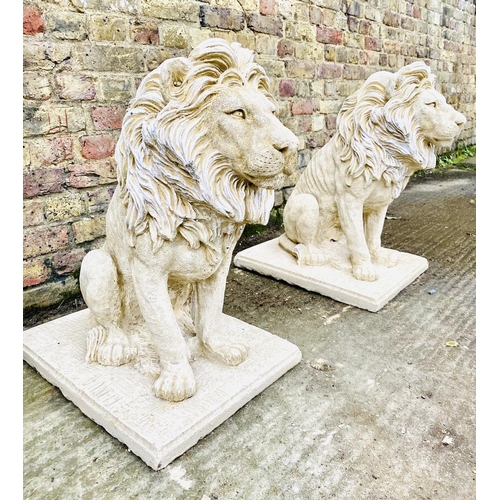 417 - SCULPTURAL GARDEN LIONS, a pair, composite stone, 70cm H x 42cm W x 72cm D. (2)