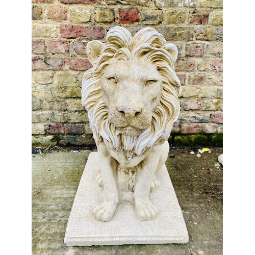 417 - SCULPTURAL GARDEN LIONS, a pair, composite stone, 70cm H x 42cm W x 72cm D. (2)