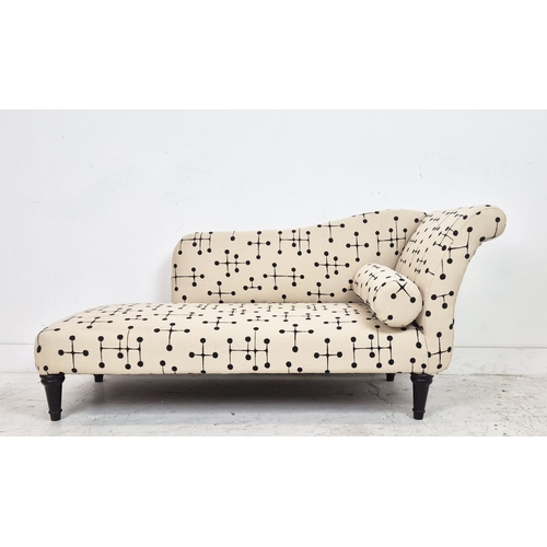 421 - CHAISE LONGUE, ebonised, in Art Deco style cream and black patterned fabric, 70cm H x 147cm W x 58cm... 