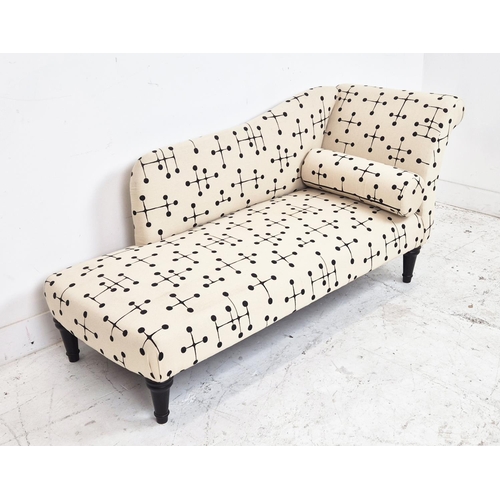 421 - CHAISE LONGUE, ebonised, in Art Deco style cream and black patterned fabric, 70cm H x 147cm W x 58cm... 