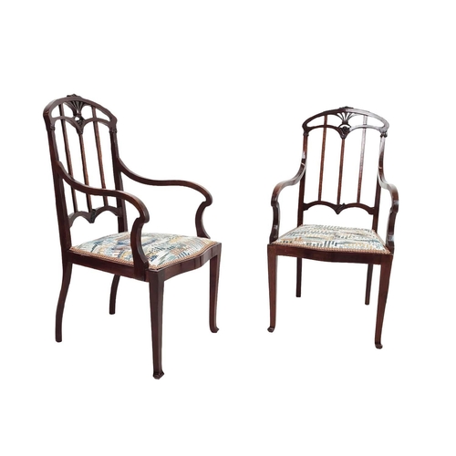 423 - ARMCHAIRS, a pair, Edwardian mahogany and satinwood with patterned padded seats, 102cm H x 51cm. (2)